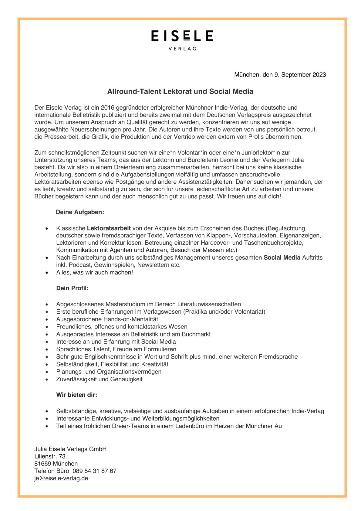 Stellenanzeige Allroundtalent Eisele Verlag